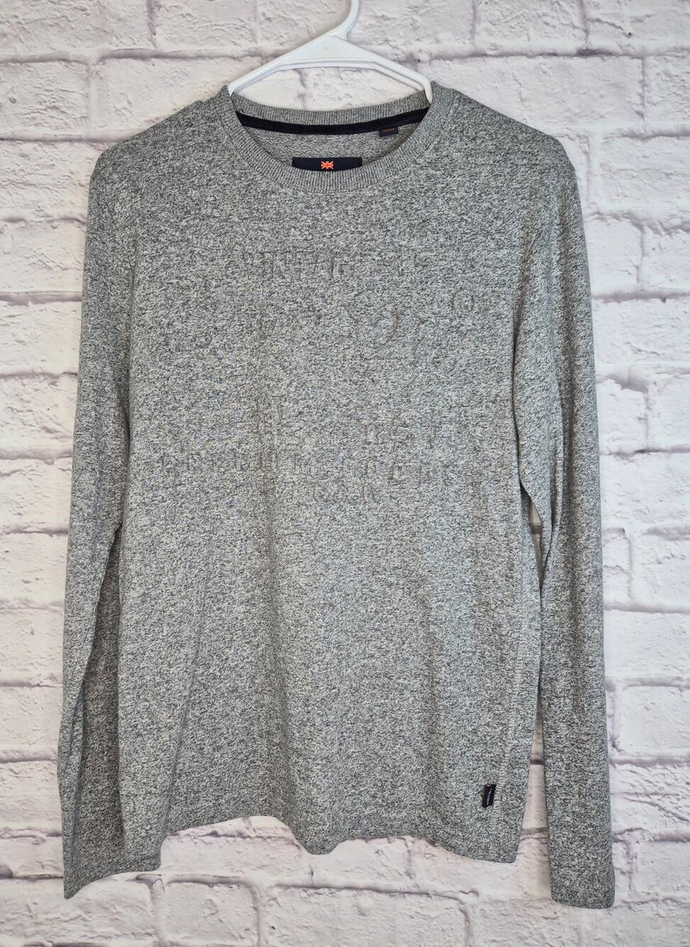 Superdry Mens S Gray Long Sleeve Embossed Logo T Shirt Cotton Heathered Pullover
